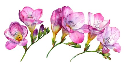 Delicate watercolor freesia blossoms in shades of pink and purple on a white background