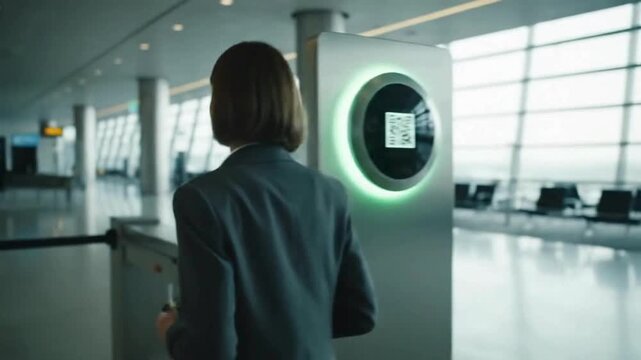 Woman Scanning QR Code at Airport Check-in Kiosk for Automated Boarding
