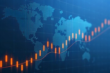 Global financial market trends visualized on a world map with upward-trending stock charts and data analysis, indicating economic growth and investment opportunities