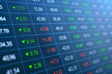 Digital stock market display with financial trading data, charts, and statistics for investment portfolio analysis and economic growth