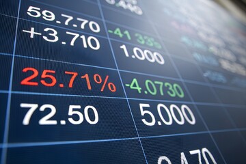 Economic growth and decline concept visualized on a digital stock market trading board with real-time financial data for investment analysis