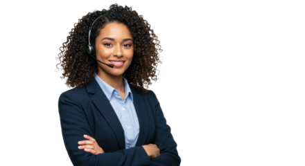 A confident young woman with curly hair in dark blue business suit and headset, arms crossed, smiling at camera against white background with copy space, concept of reliable professional support