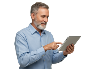 Middle-aged caucasian man with grey beard in light blue shirt holding a silver tablet, confidently interacting on a transparent studio background. Concept of digital proficiency and smart work