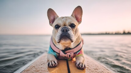 French bulldog on a stand-up paddleboard at sunset. Selective focus