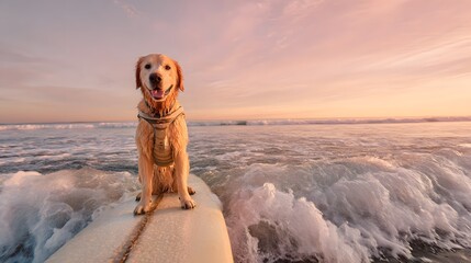 Golden retriever dog standing on the pier at sunset in water