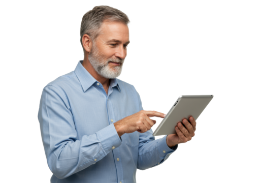 Middle-aged caucasian man with grey beard in light blue shirt holding a silver tablet, confidently interacting on a transparent studio background. Concept of digital proficiency and smart work