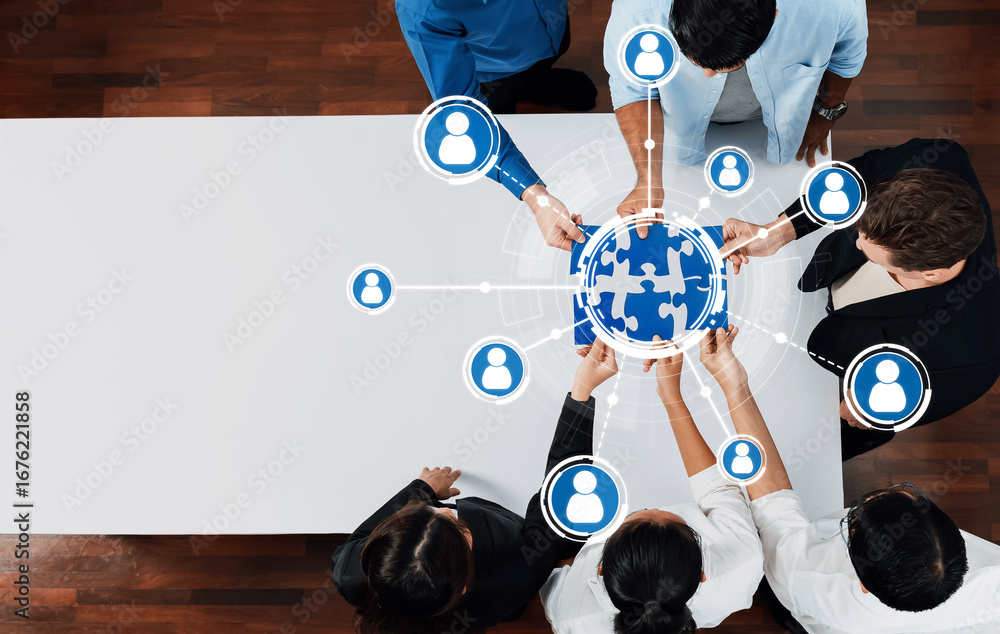 Aufkleber engaging image illustrating teamwork and collaboration, featuring diverse individuals connecting aro