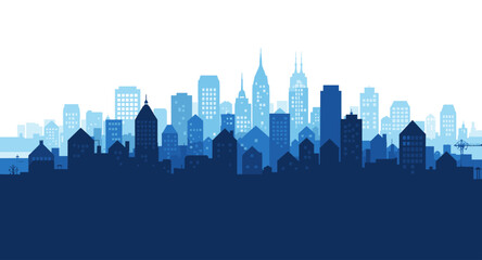 Obraz premium Vibrant blue cityscape silhouette, modern business district skyline, urban development concept, architectural diversity, dynamic city view