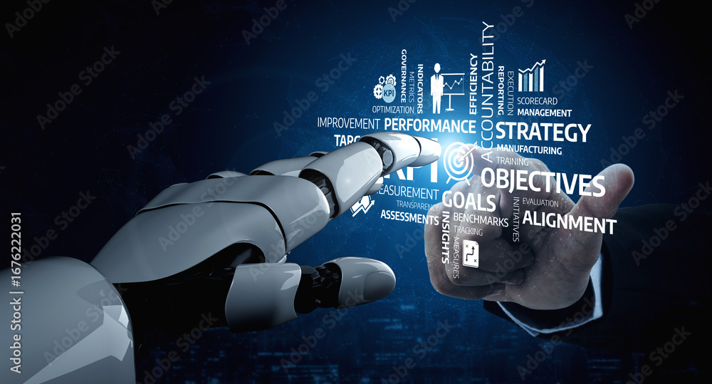 Poster a human hand and a robotic hand interact in a futuristic setting, emphasizing themes of performance,