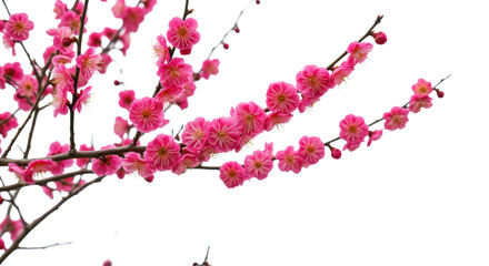 Vibrant fuchsia and light pink plum blossoms on dynamic brown branches, sharp macro focus against a transparent studio background with negative space for copy. Concept of spring renewal and delicate