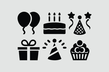 Celebration and party silhouette icon set – filled style festive, event, and birthday symbols for joyful occasions: balloon, cake, gift, hat, confetti, cupcake, streamers.