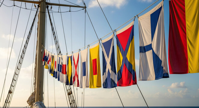 Nautical Flags Displayed on a Ship Mast Against a Blue Sky