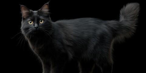 Elegant black cat with yellow eyes posing on dark background