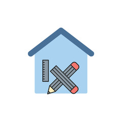 Blue house icon with ruler and crossed pencils design concept.