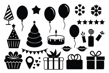 Celebration and party silhouette icon set – filled style festive, event, and birthday symbols for joyful occasions: balloon, cake, gift, hat, confetti, cupcake, streamers.