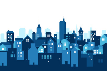 Vibrant blue cityscape silhouette with modern buildings and illuminated windows, perfect for urban themes and design projects