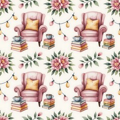 Books and Coffee Seamless Pattern – Cozy Girly Digital Paper with Books, Coffee Cups, Hearts, and Aesthetic Background for Scrapbooking & Crafts