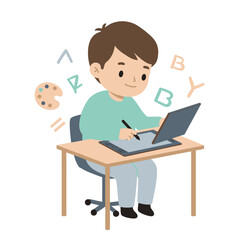 Cartoon Boy Drawing on a Graphic Tablet at a Desk.