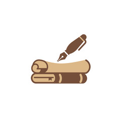 Brown and beige flat icon of a fountain pen writing on a rolled scroll atop two stacked books.