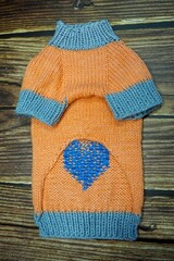 back view of knitted orange dog sweater with blue heart and gray rib. warm pet clothes. cozy
