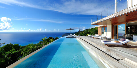 Fototapeta premium Luxury infinity pool with ocean view and modern architecture 