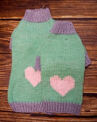top view of knitted mint dog sweaters with pink heart and gray elastic of different sizes on wooden background . warm pet clothes . handmade
