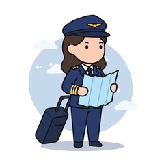 Cute Cartoon Pilot Woman with Map and Suitcase.