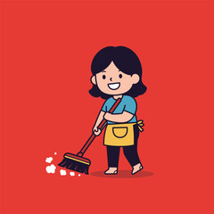 Cute cartoon character sweeping with a broom and dust.