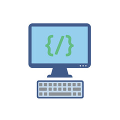 Flat design desktop computer monitor and keyboard with green curly braces and slash symbol representing programming.