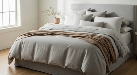 Serene Bedroom Setting with Neutral Tones and Textured Linen Bedding