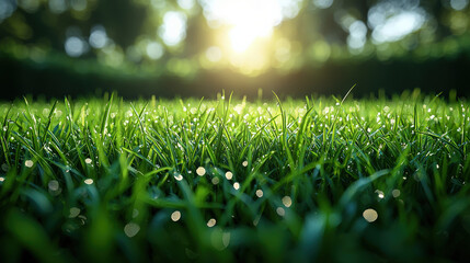 Naklejka premium Morning dew on lush green grass nature scene macro photography sunlit environment captivating perspective