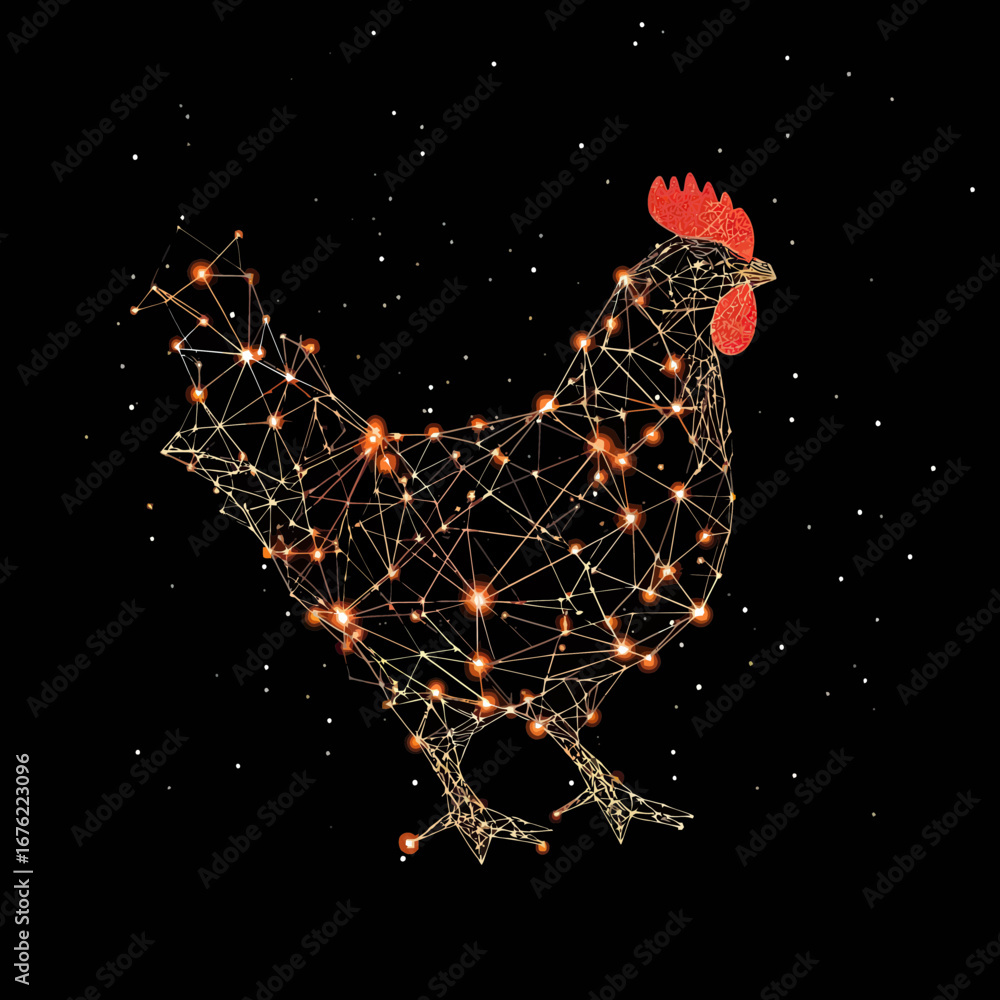 Poster low poly wireframe chicken silhouette composed of glowing star points and connecting lines in space 