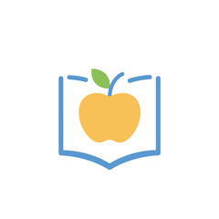 Stylized Yellow Apple with Green Leaf in Blue Book Outline.