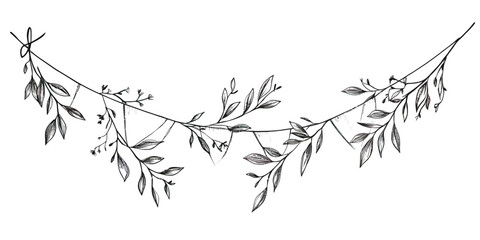 Fototapeta premium Hand drawn sketch doodle style botanical garland with leaves and branches illustration for decoration and celebration design elements in black and white line art