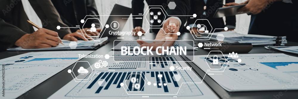 Poster a group of business professionals engages in an analysis of blockchain technology trends, showcasing