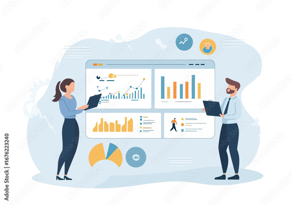 Poster business people analyzing digital data charts and graphs on large dashboard screen for marketing res