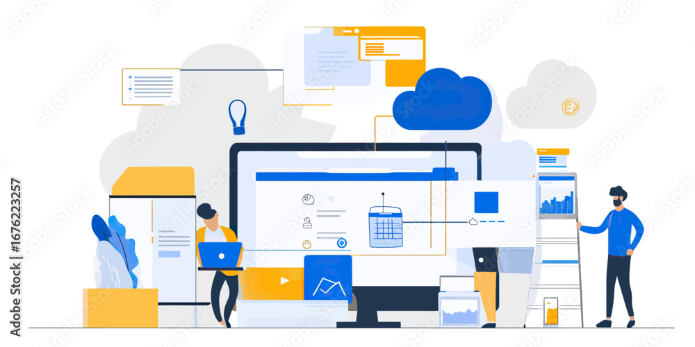 Aufkleber Team collaborating on cloud based data visualization and digital interface development with laptop and large monitor flat vector illustration