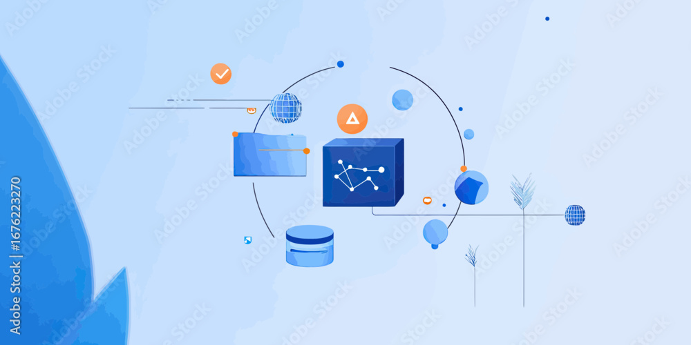 Aufkleber abstract technology visualization with floating data icons connection network and digital cloud comp