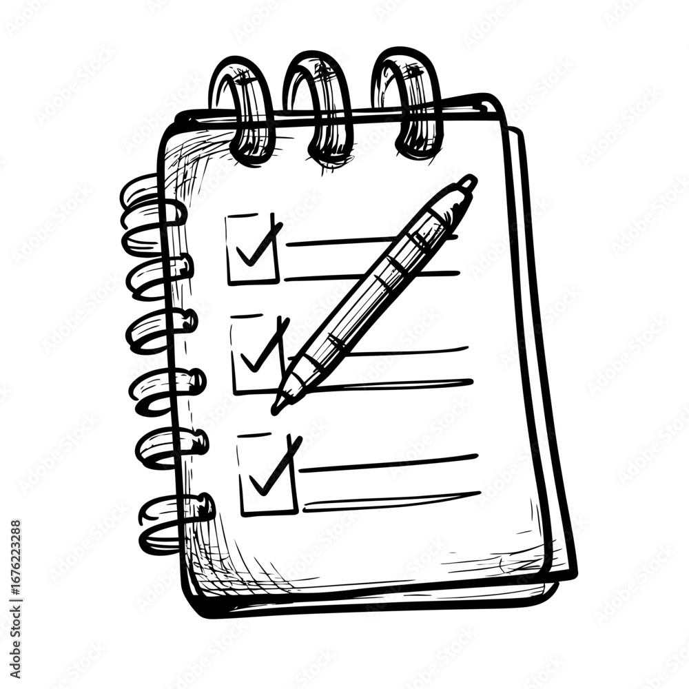 Poster hand drawn spiral notebook checklist with pen sketch style, doodle to-do list page with check marks,