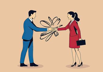 Businessman and businesswoman shaking hands with abstract conflict marks symbolizing professional disagreement and respectful collaboration in minimalist style vector