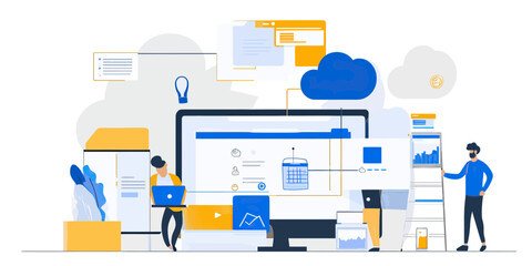 Team collaborating on cloud based data visualization and digital interface development with laptop and large monitor flat vector illustration
