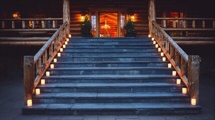 Elegant Wooden Log Cabin Entrance with Candlelit Steps and Warm Lighting