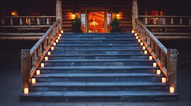Elegant Wooden Log Cabin Entrance with Candlelit Steps and Warm Lighting