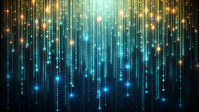 abstract glowing binary code rain on a dark background