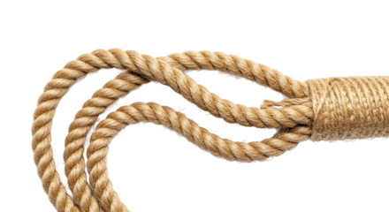 Thick, natural brown jute rope in soft waves on a transparent background, detailed texture, soft light, concept of natural strength and sustainability