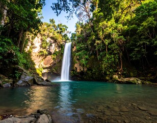 Lush waterfall cascading into turquoise pool