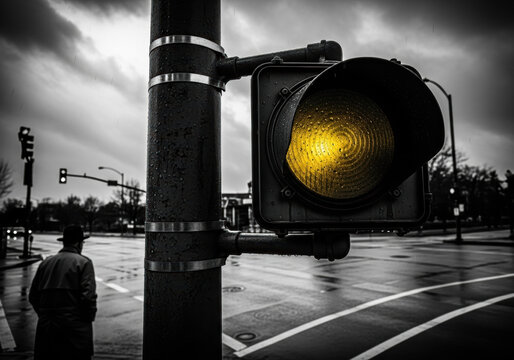 Fototapeta Cautious pedestrian approaching yellow traffic light on rainy city street in monochrome photography for safety awareness campaign