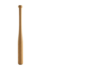 Obraz premium Pristine light brown wooden baseball bat with intricate wood grain, new and clean, on a soft grey-white studio surface with bright high-key lighting, symbolizing strategic business impact