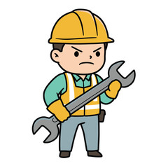 Frowning cartoon construction worker in yellow hard hat and safety vest holding a large grey wrench.
