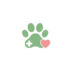 Green pet paw print logo with a white medical cross and a pink heart symbolizing veterinary care.